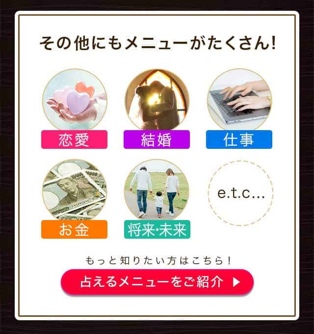 その他にもメニューがたくさん! 恋愛 結婚 仕事 お金 将来・未来 etc... もっと知りたい方はこちら!